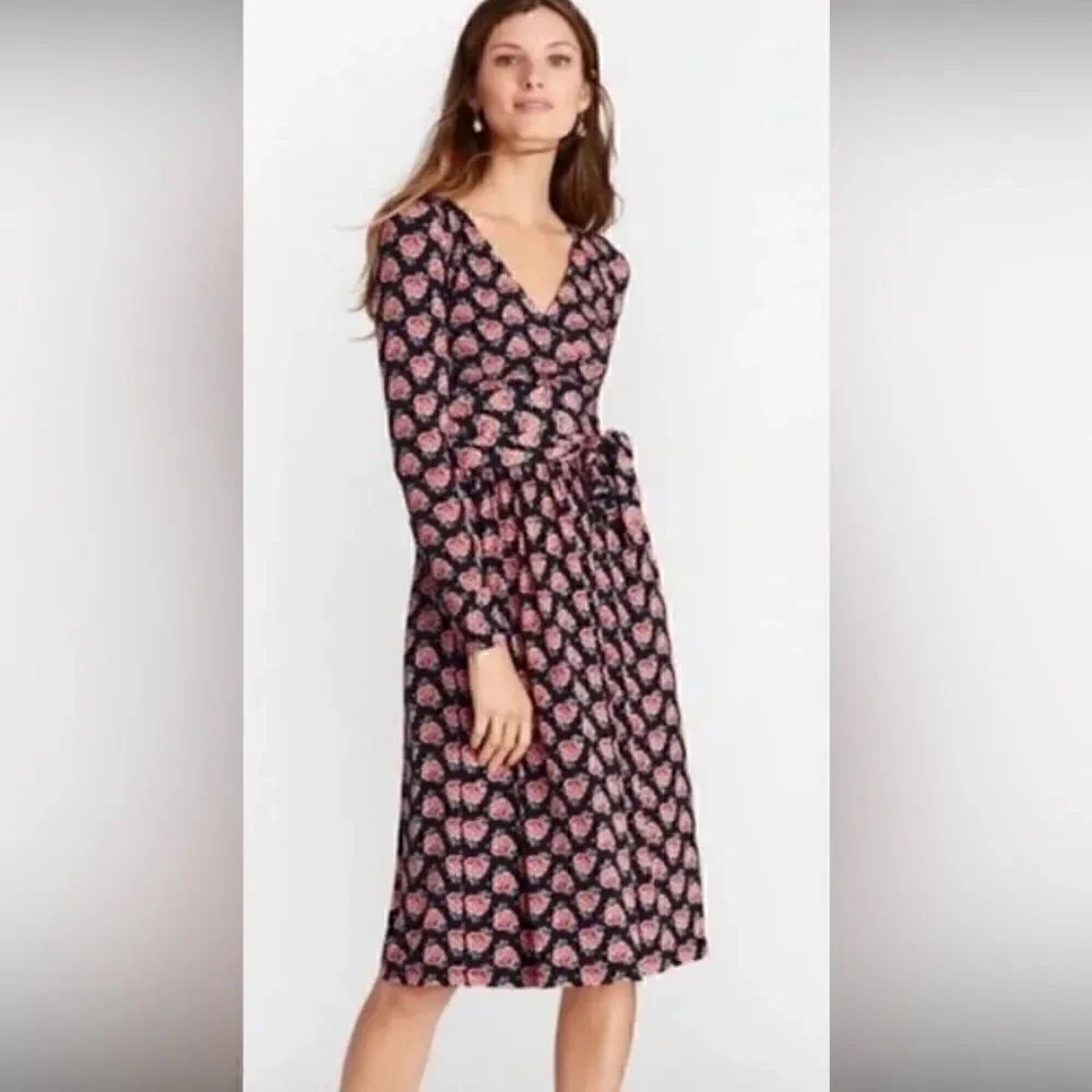 Brooks Brothers Women’s Size Small Midi Dress Black Floral Knee Length Tie Waist